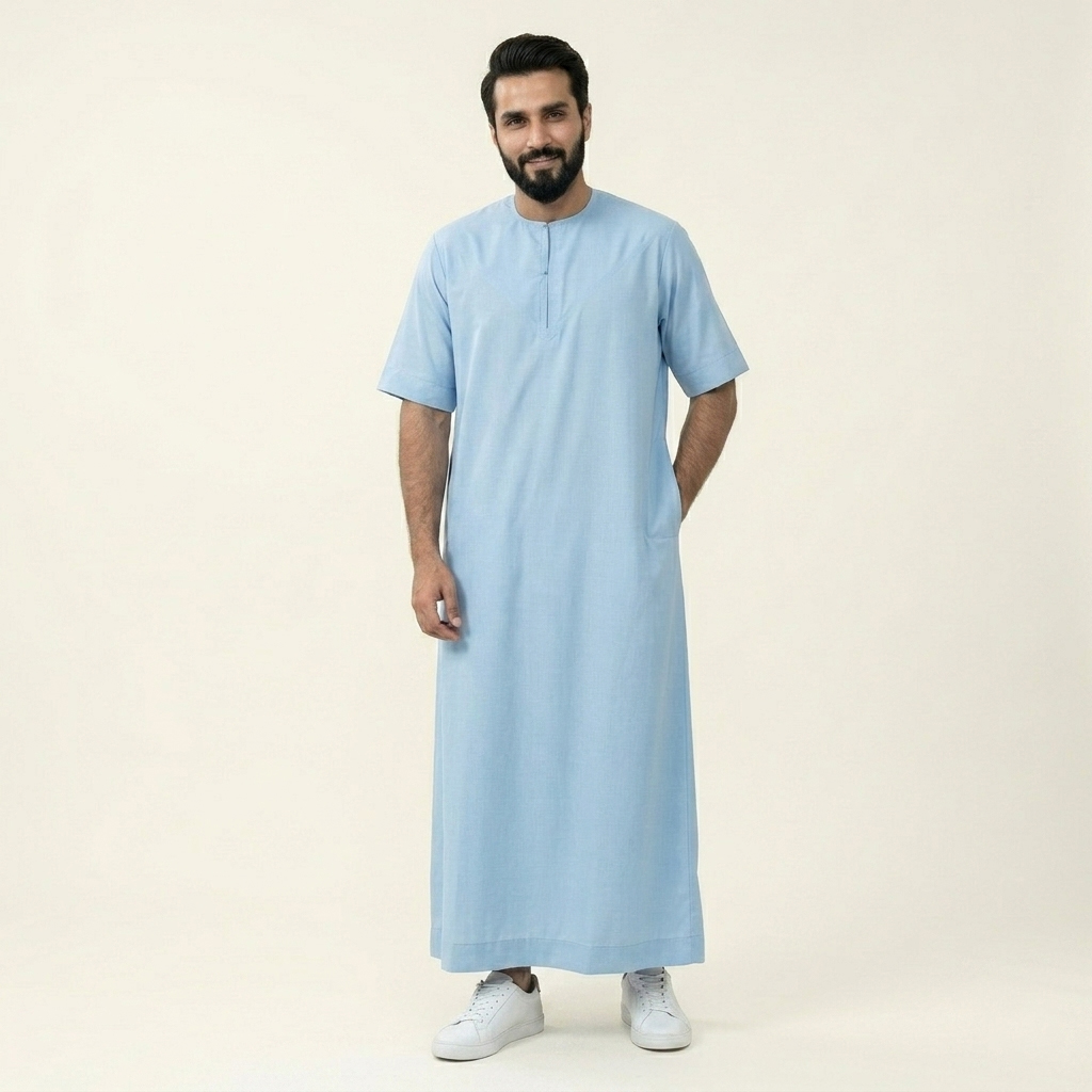 Casual Short-Sleeve Sky Blue Mens Thobe