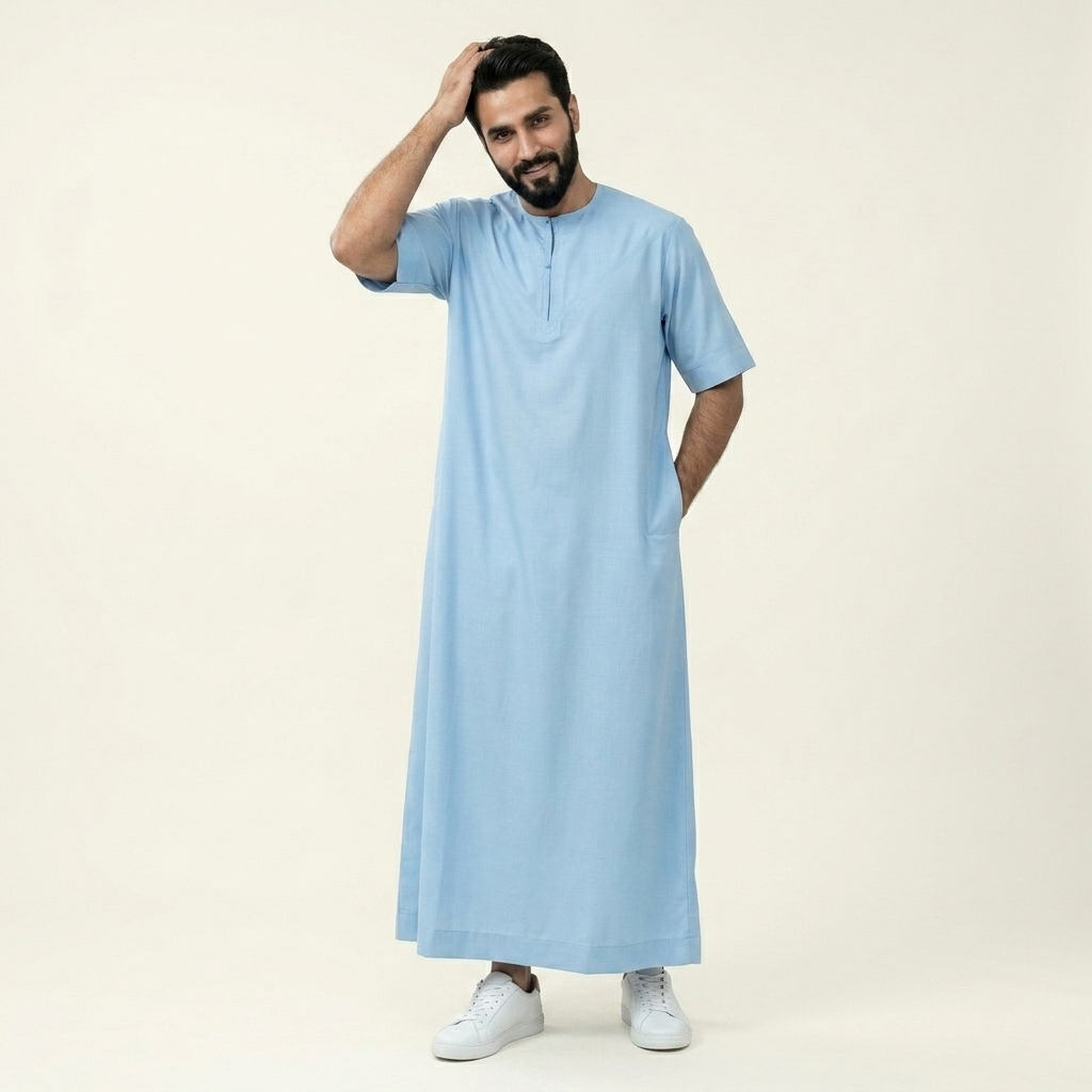 Casual Short-Sleeve Sky Blue Mens Thobe