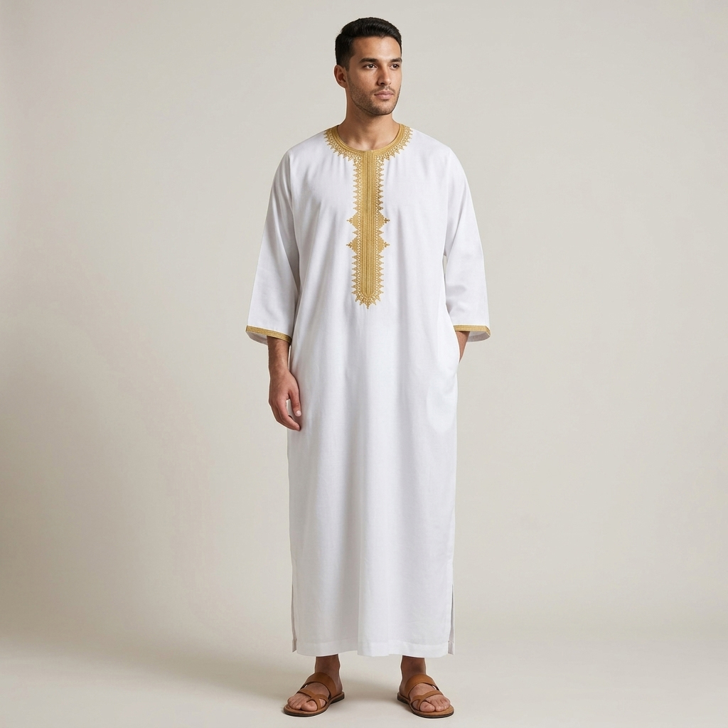 Classic Embroidered White and Gold Moroccan Thobe Classic Embroidered White and Gold Moroccan Thobe