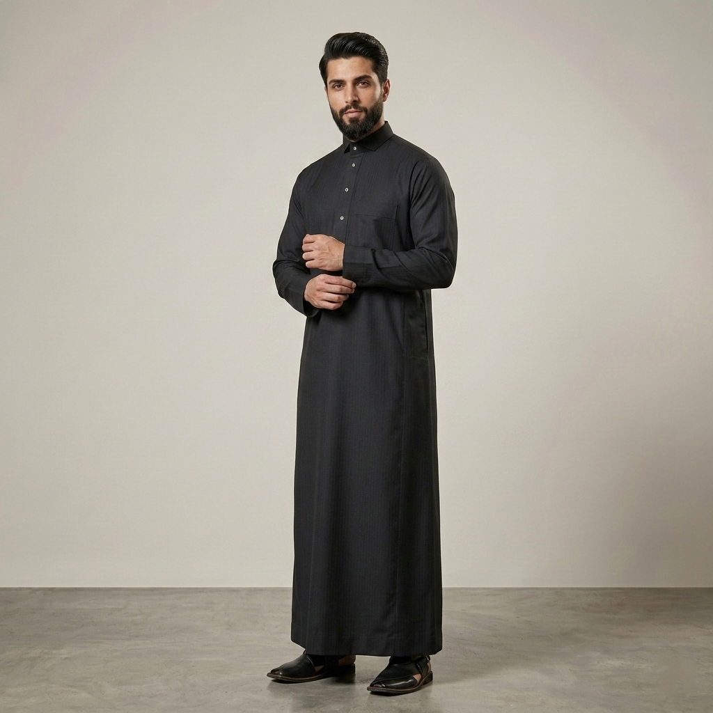 Classic Jet Black Mens Cashmere Wool Thobe