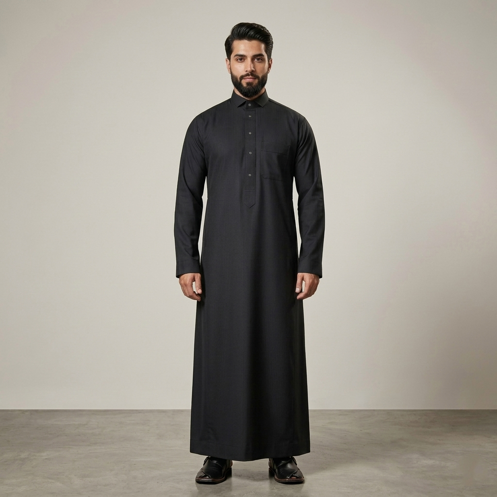 Classic Jet Black Mens Cashmere Wool Thobe