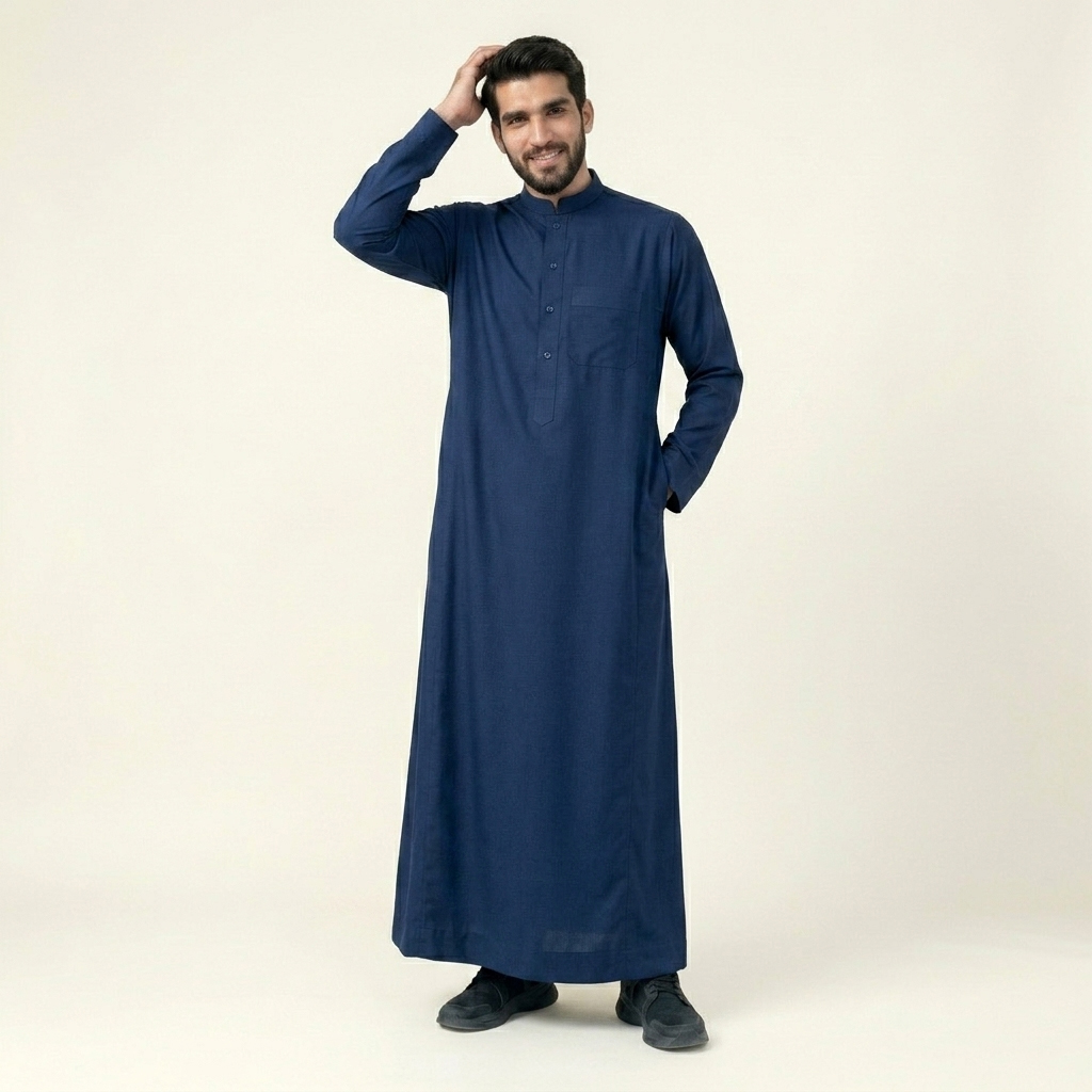 Classic Saudi Style Navy Blue Mens Thobe