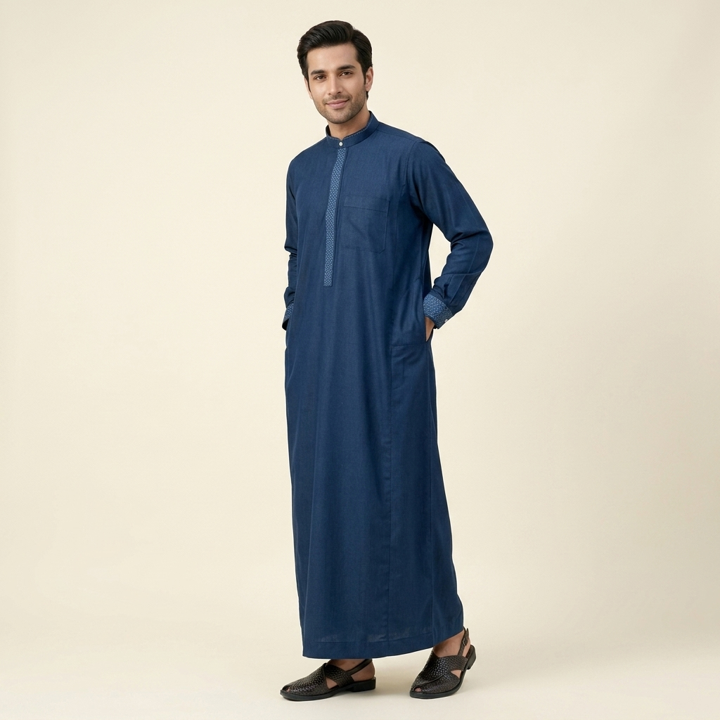 Contrast Accents Indigo Blue Mens Thobe