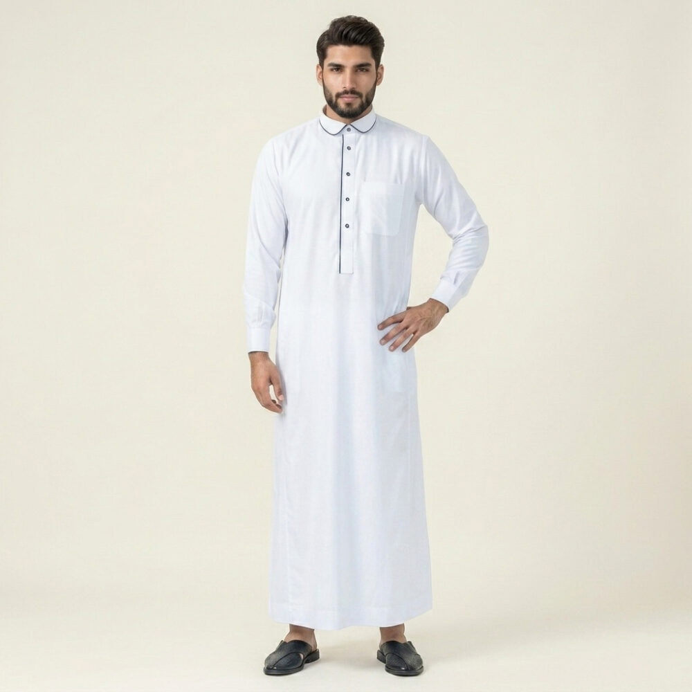Contrast Piping White Thobe for Men