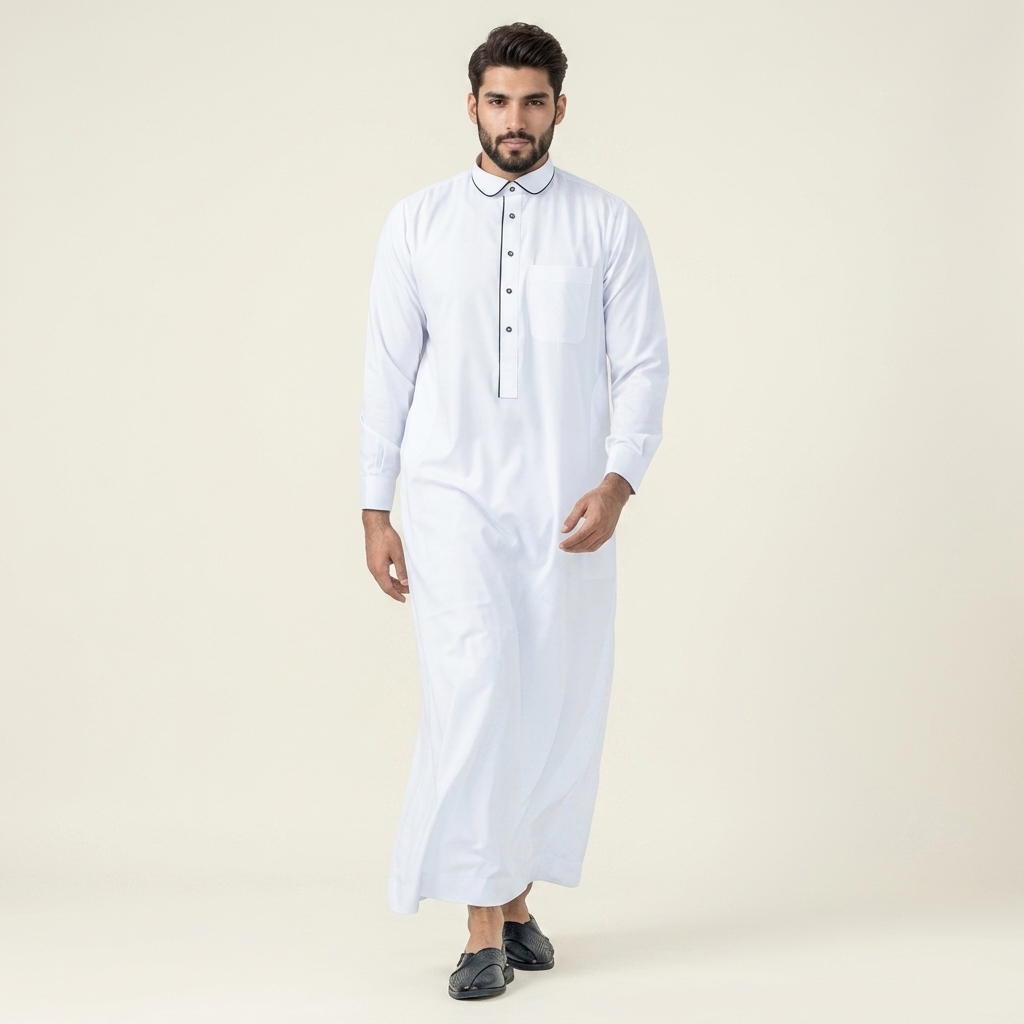 Contrast Piping White Thobe for Men (2) Contrast Piping White Thobe for Men