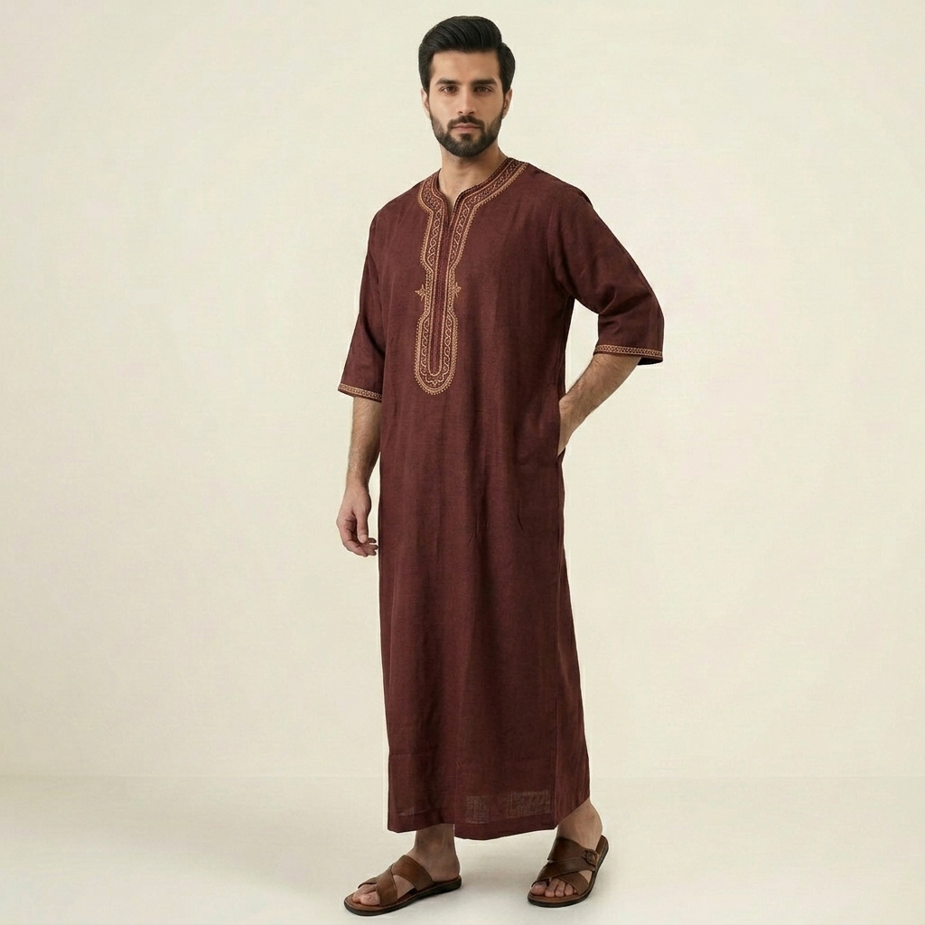 Deep Maroon Embroidered Moroccan Thobe for Men