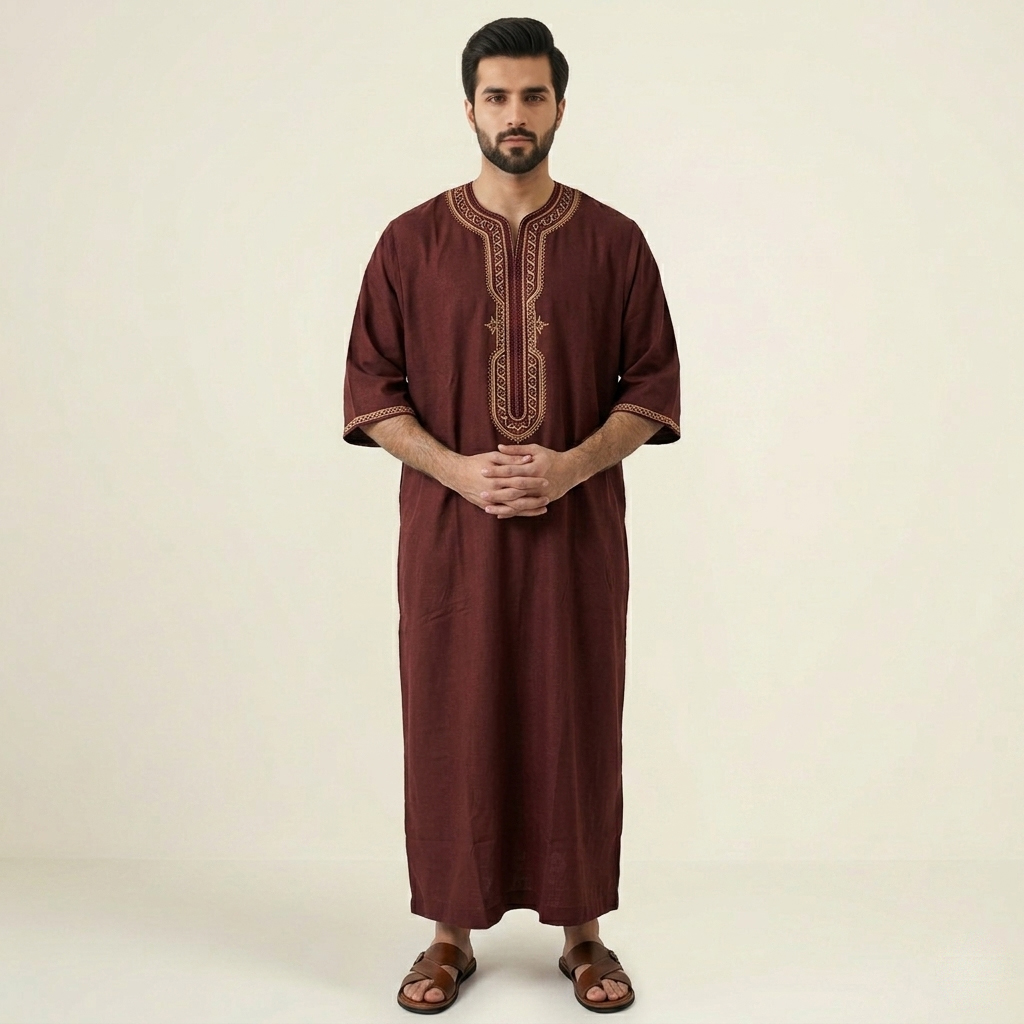 Deep Maroon Embroidered Moroccan Thobe for Men