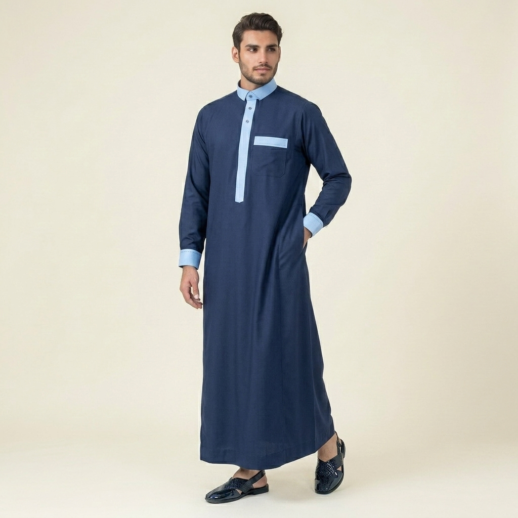 Desgner Navy Blue Mens Thobe with Sky Contrast