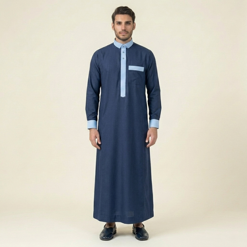 Desgner Navy Blue Mens Thobe with Sky Contrast