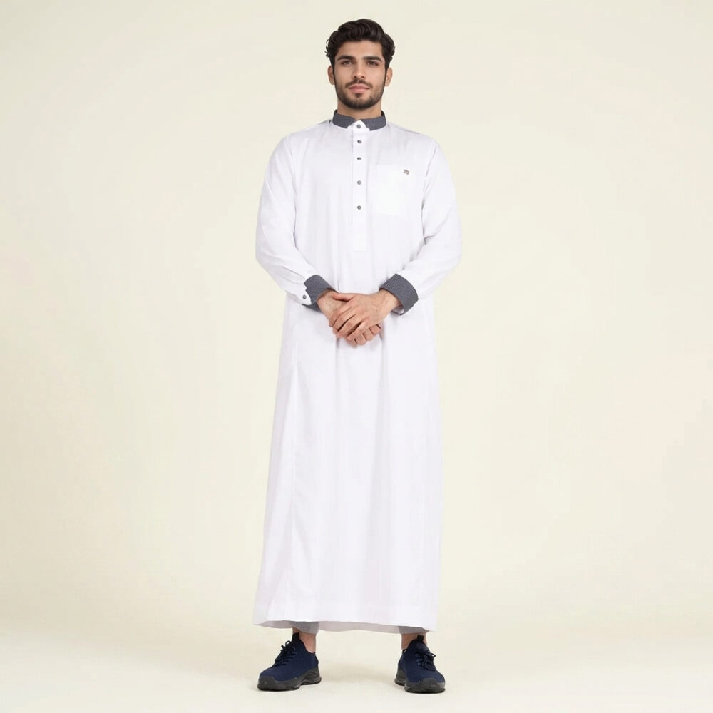 Designer Contrast Collar White Thobe for Men