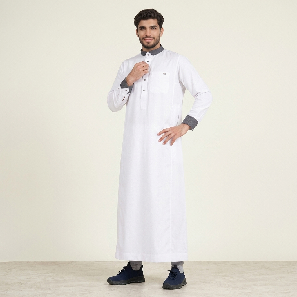 Designer Contrast Collar White Thobe for Men