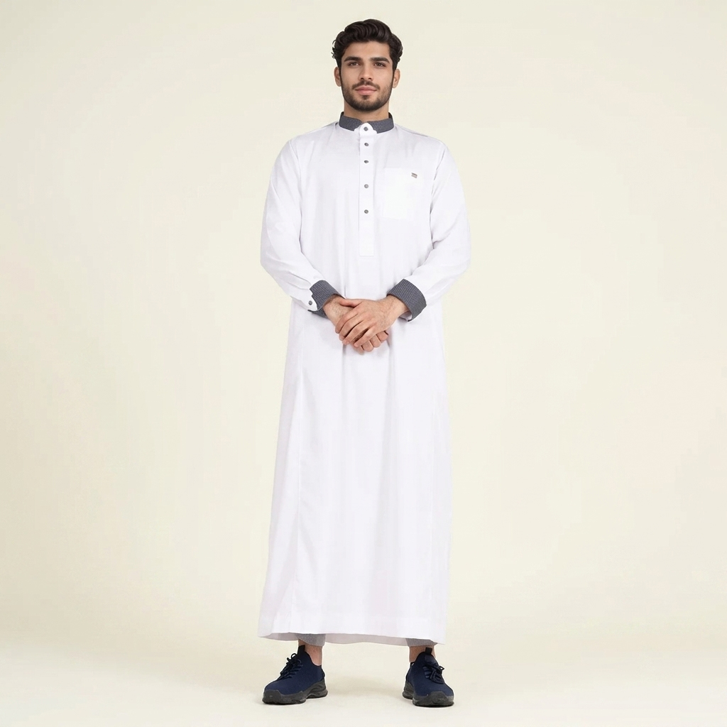 Designer Contrast Collar White Thobe for Men