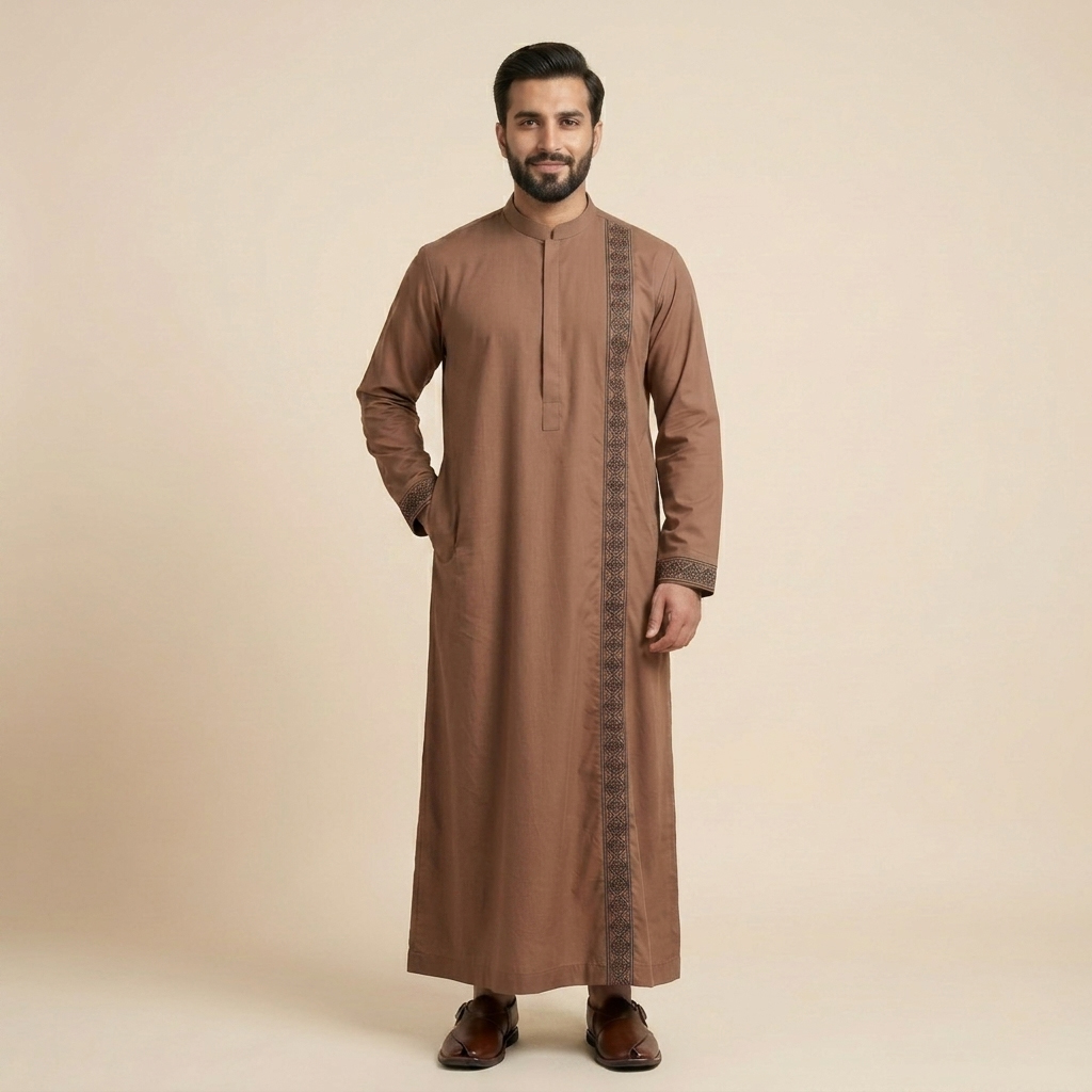 Earth Brown Arabic Style Mens Embroidered Thobes