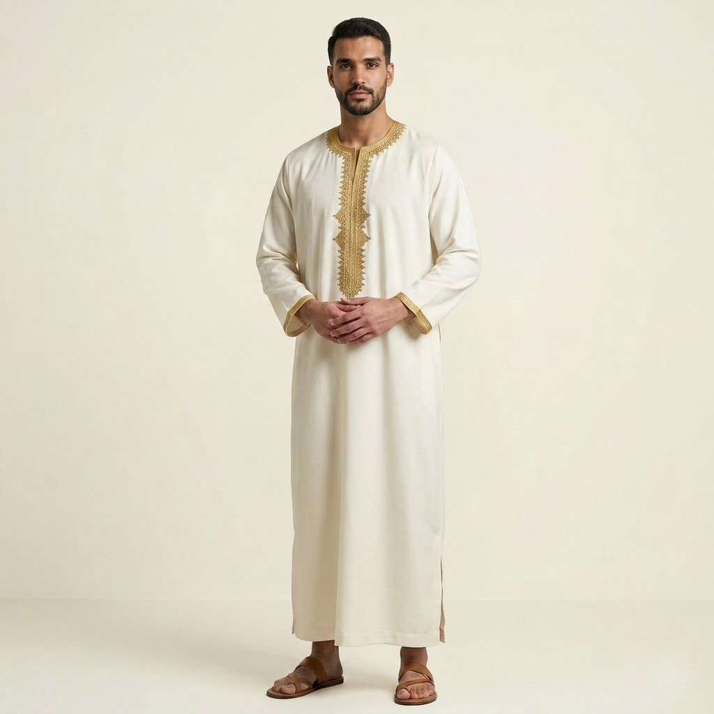 Elegant Off-White Embroidered Moroccan Thobe for Men Elegant Off-White Embroidered Moroccan Thobe for Men