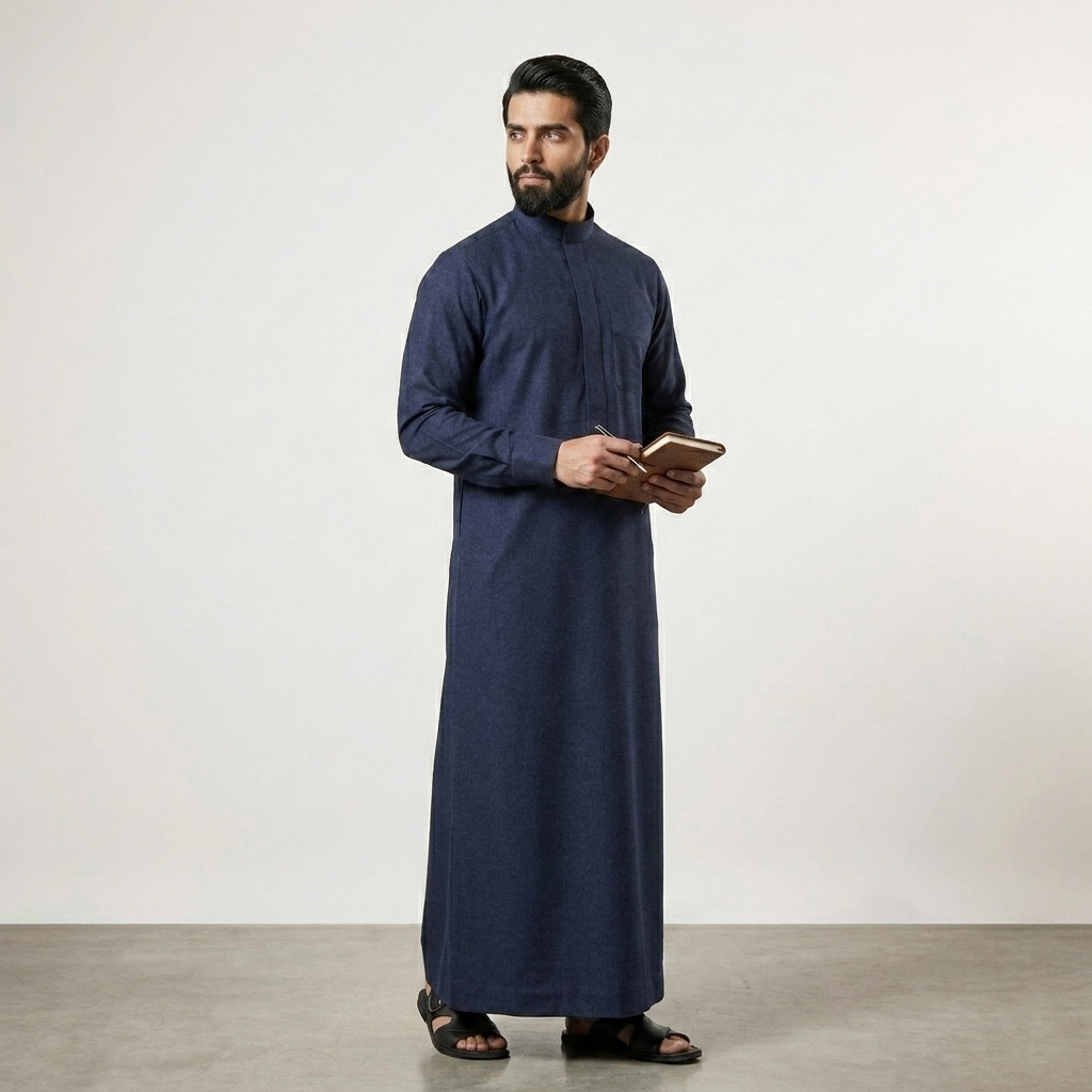 Luxury Navy Blue Mens Cashmere Wool Thobe