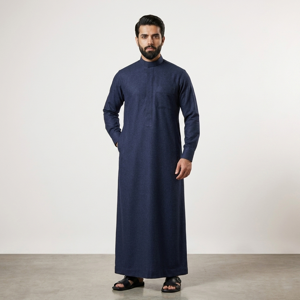 Luxury Navy Blue Mens Cashmere Wool Thobe