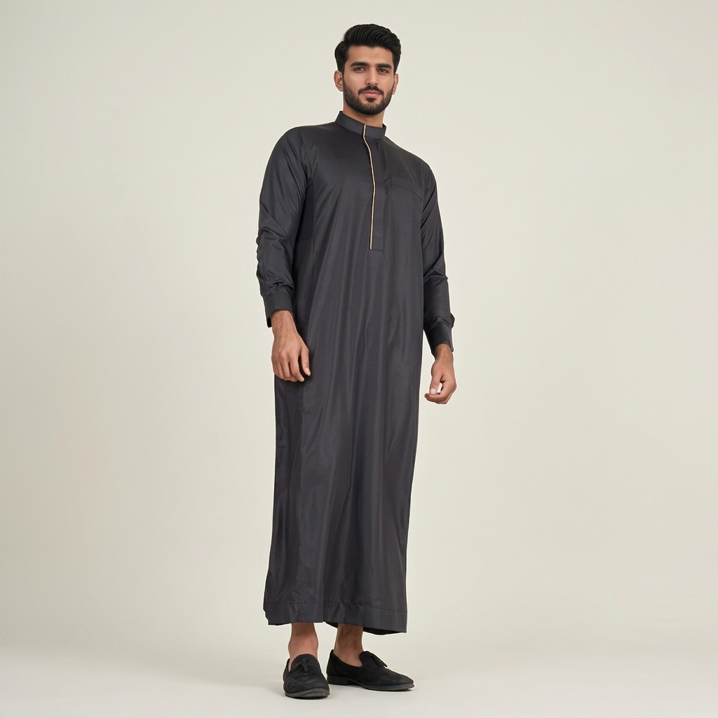Men’s Black Thobe With Piping Embellishment