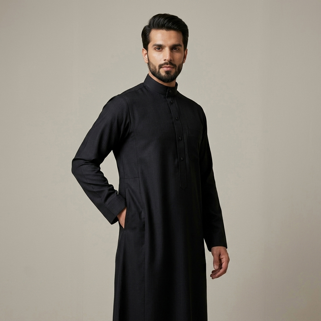 Mens Premium Jet Black Cashmere Wool Thobe