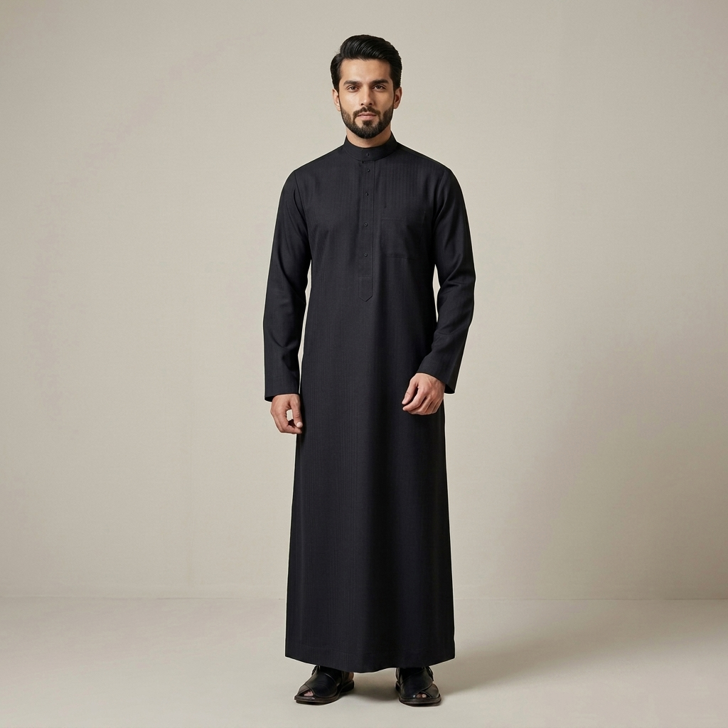 Mens Premium Jet Black Cashmere Wool Thobe