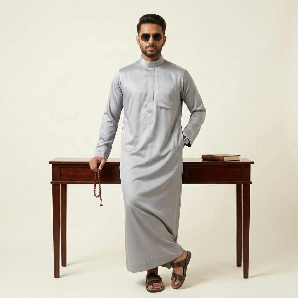 Metallic Slate Grey Arabic Silk Thobe for Men
