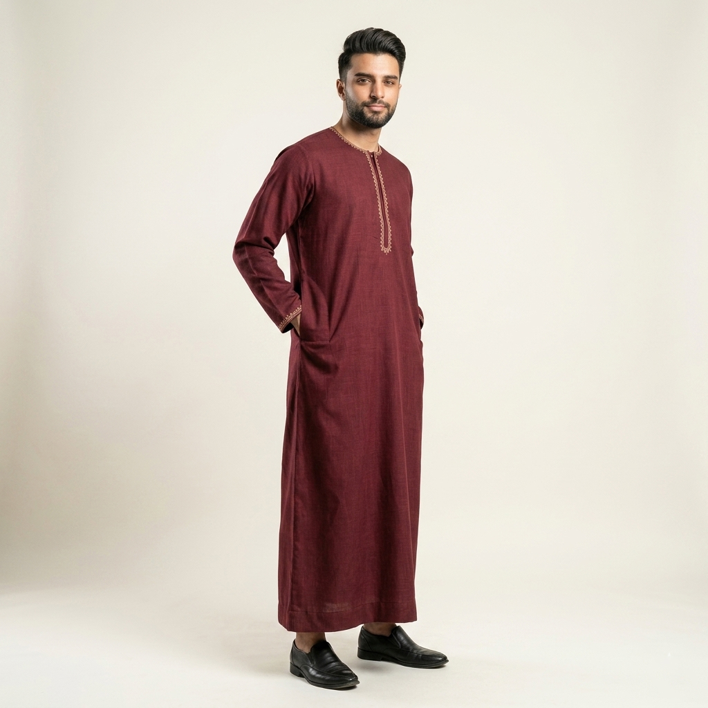 Minimalist Embroidered Mens Maroon Thobes