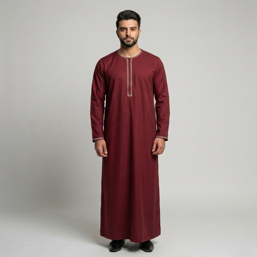 Minimalist Embroidered Mens Maroon Thobes