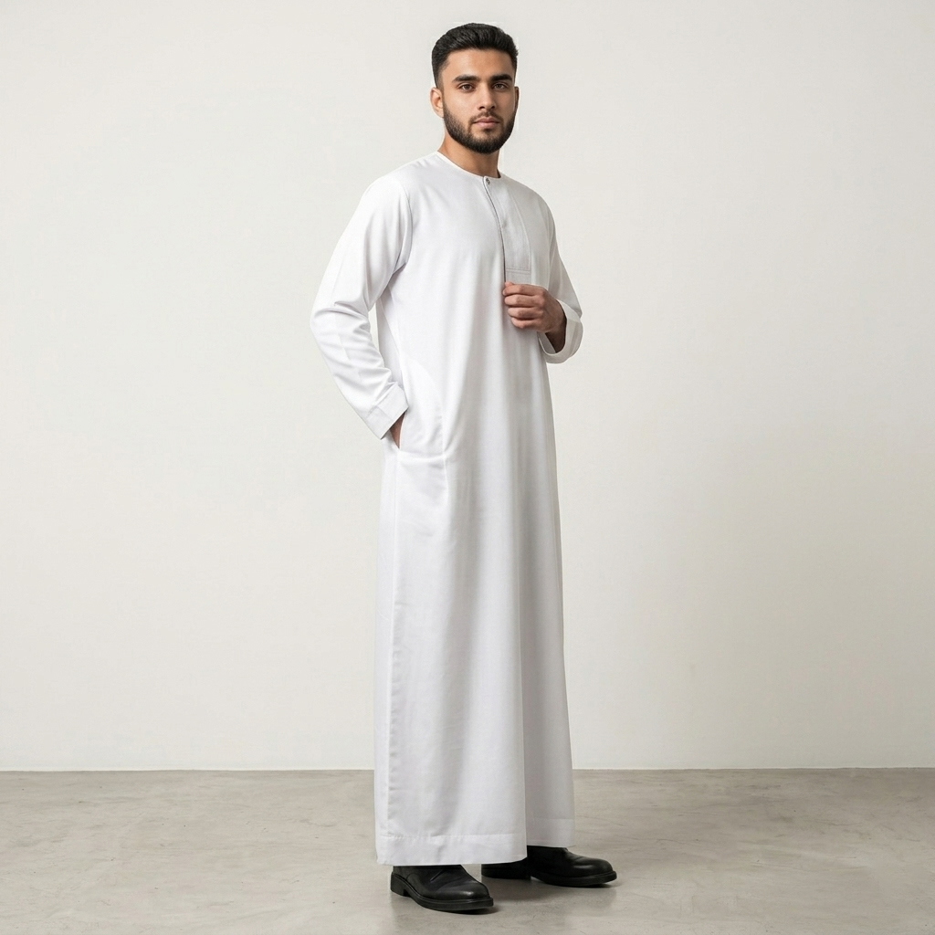 Minimalist Omani White Thobe for Men (2) Minimalist Omani White Thobe for Men