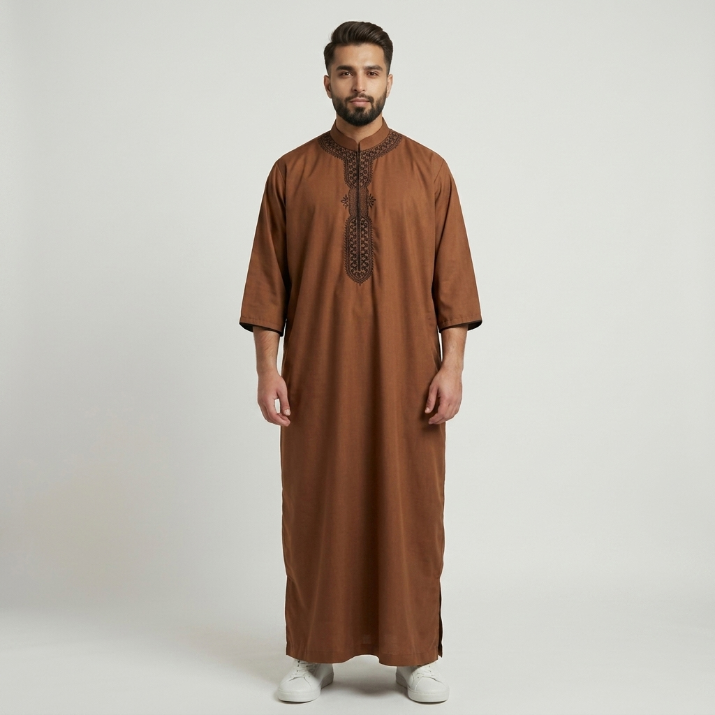 Modern Brown Bear Embroidered Moroccan Thobes for Men Modern Brown Bear Embroidered Moroccan Thobes for Men