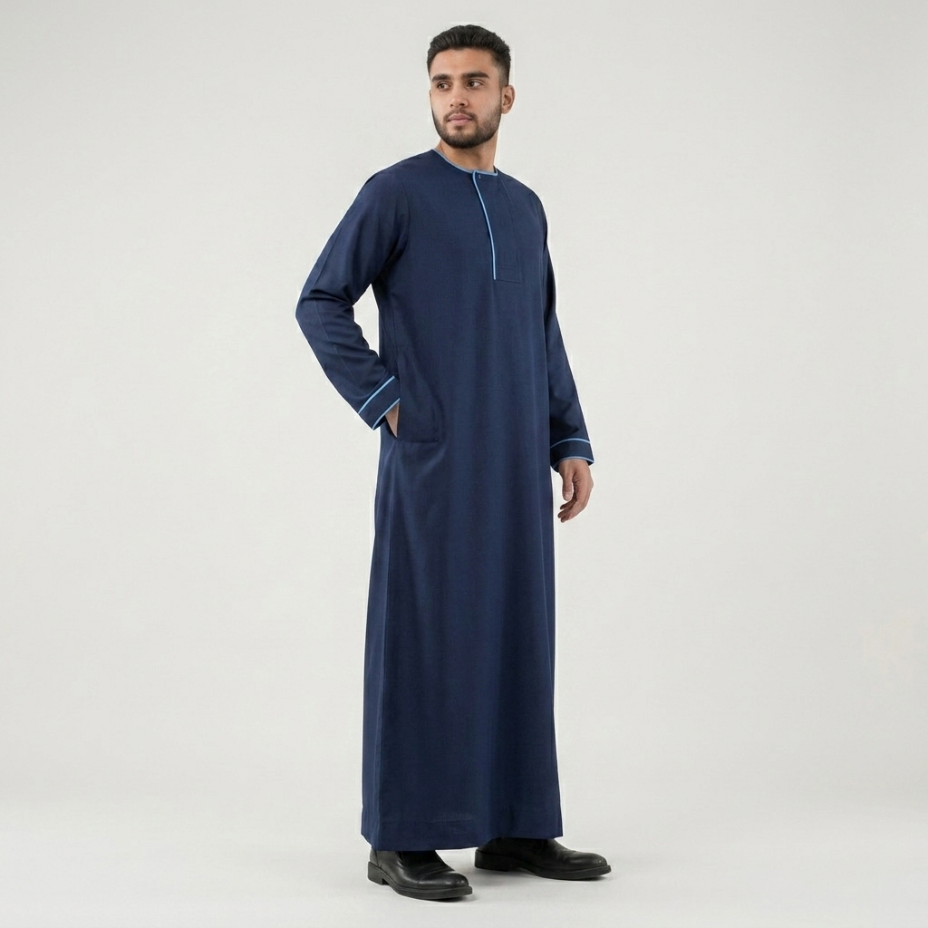 Modern Contrast Piping Navy Blue Mens Thobes
