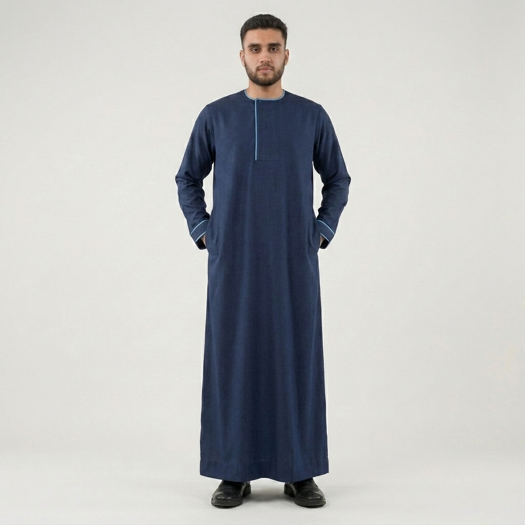 Modern Contrast Piping Navy Blue Mens Thobes