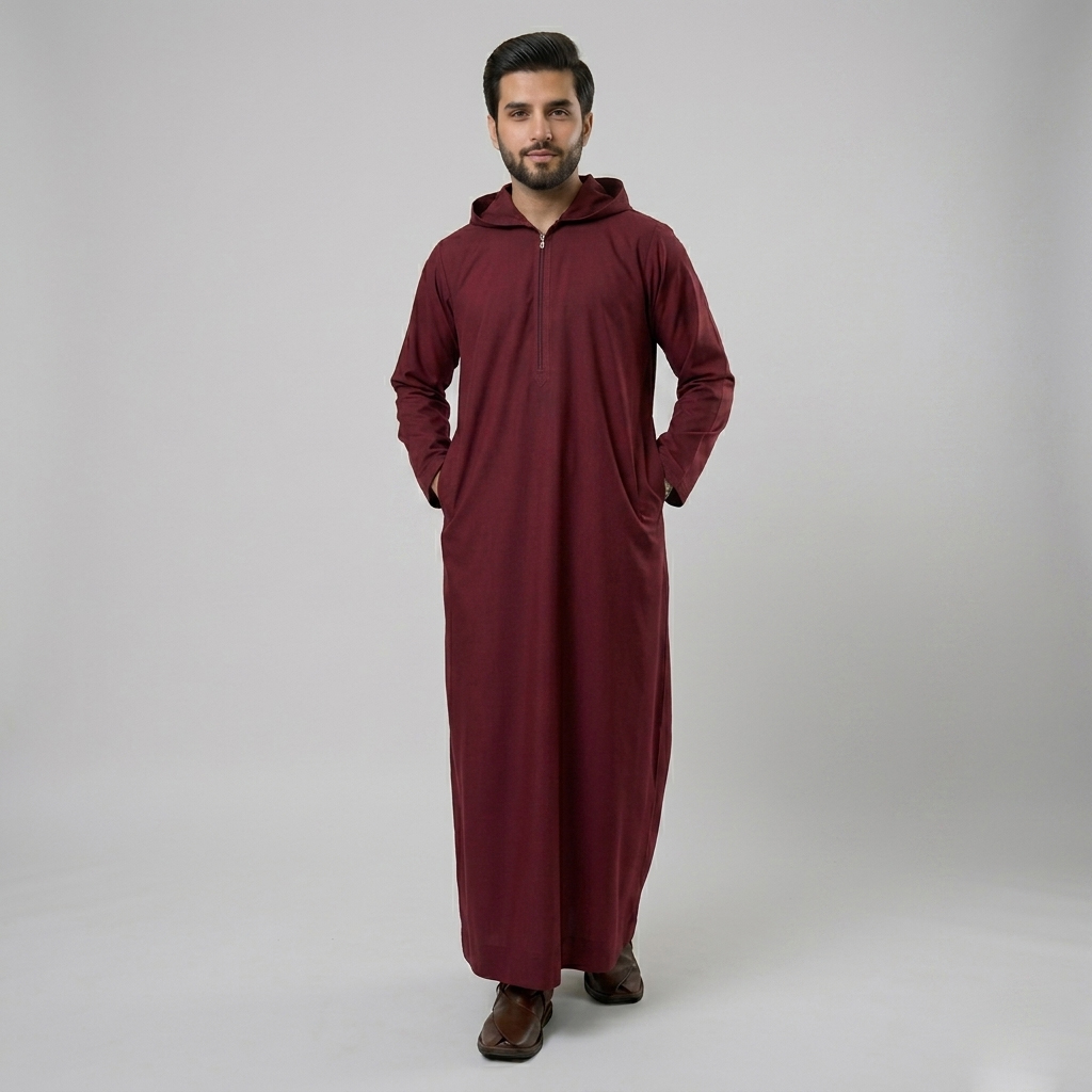 Modern Hooded Mens Maroon Thobes