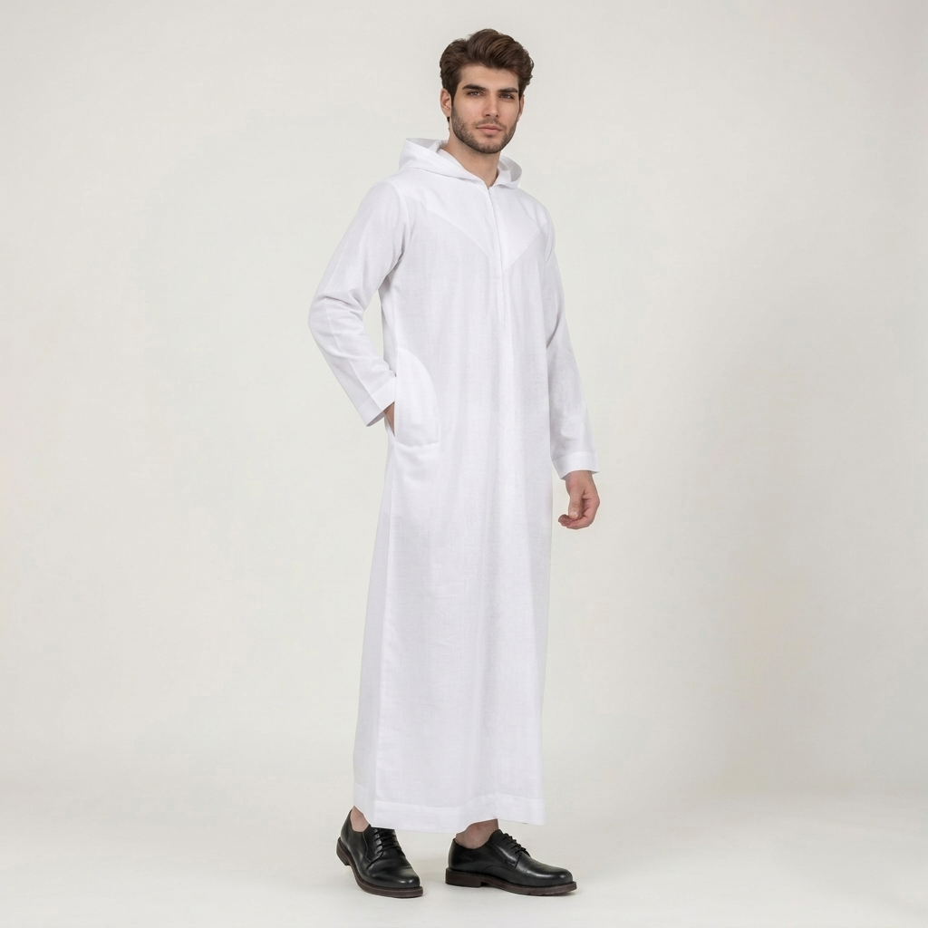Modern Hooded White Thobe for Men (2) Modern Hooded White Thobe for Men