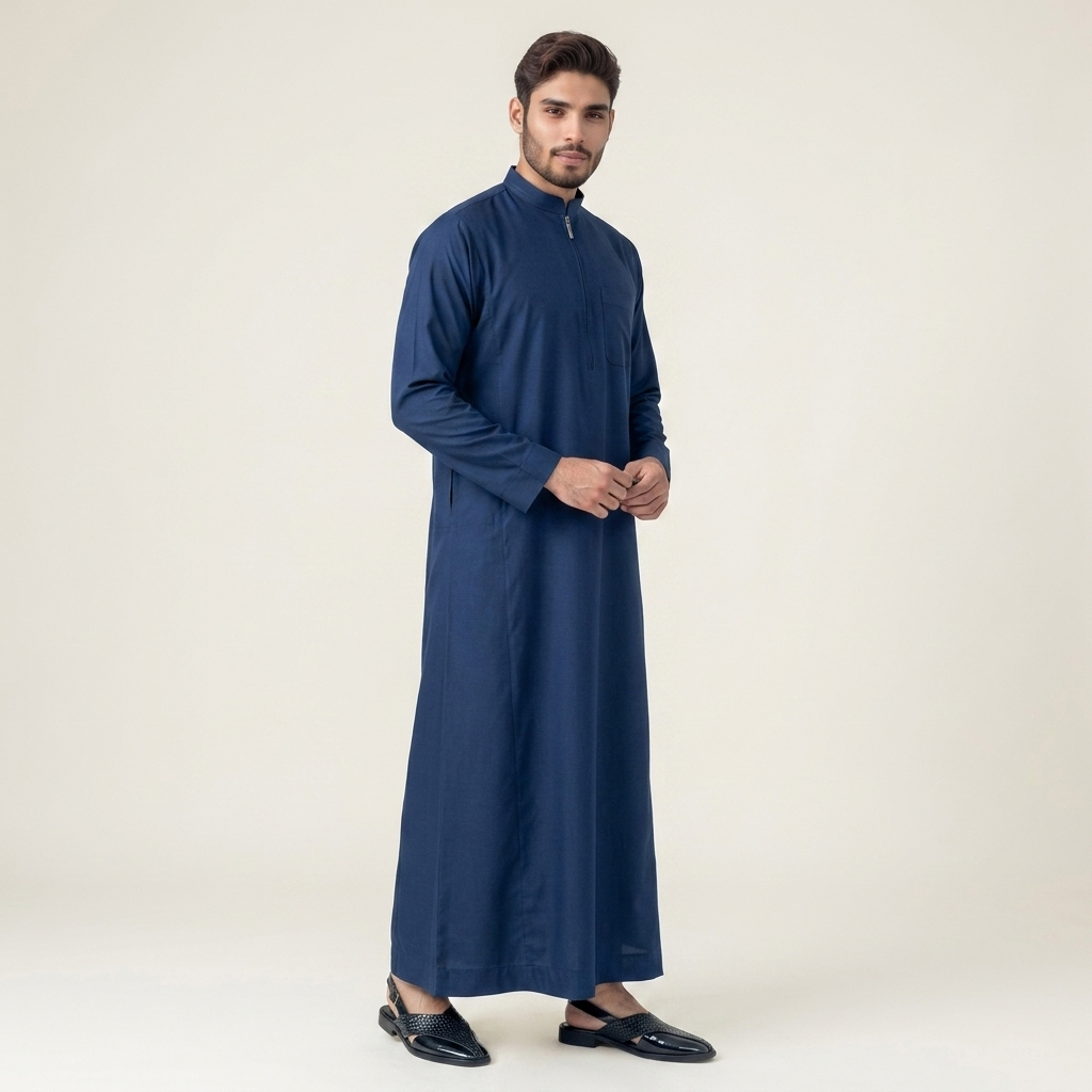 Modern Zip-Front Navy Blue Mens Thobes