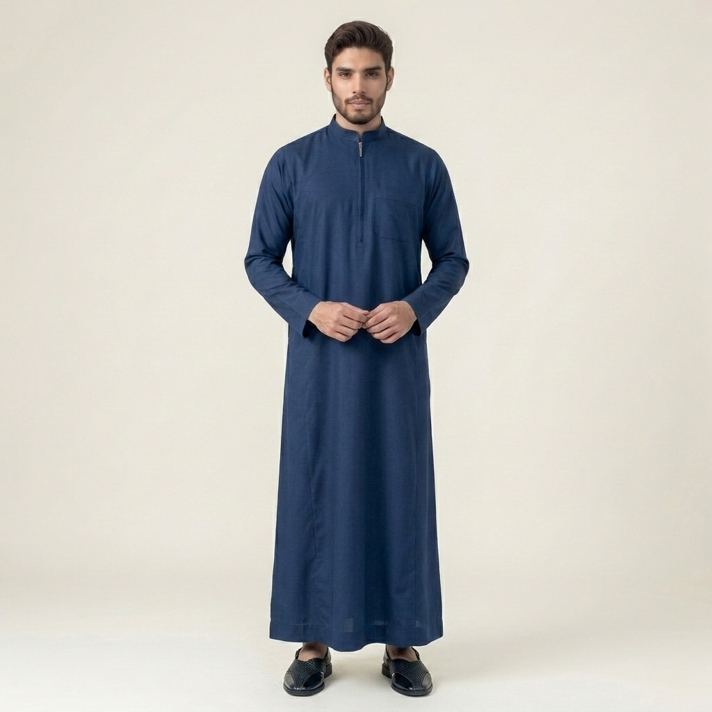 Modern Zip-Front Navy Blue Mens Thobes