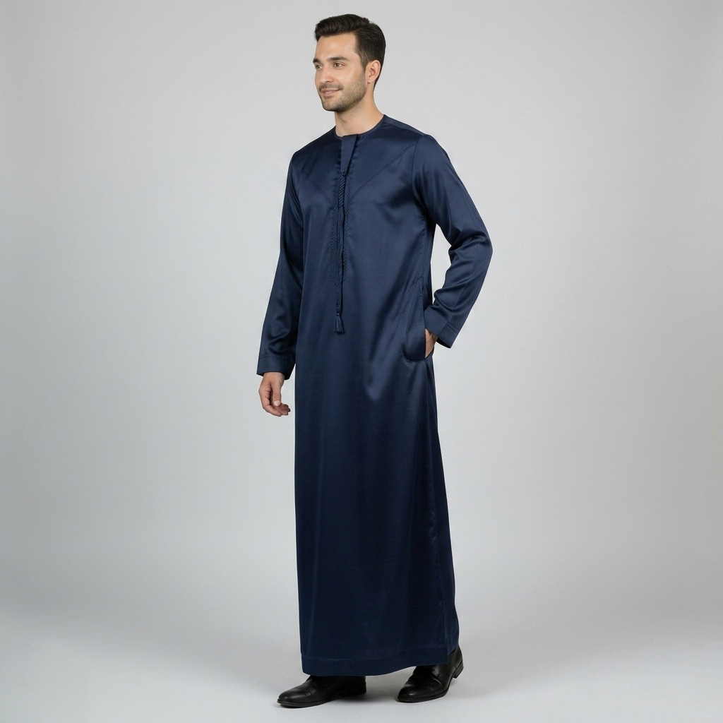 Navy Blue Emirati Style Mens Silk Thobes