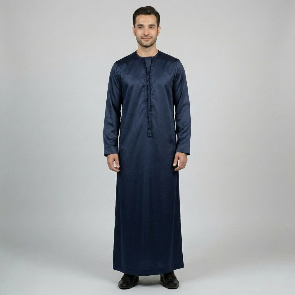 Navy Blue Emirati Style Mens Silk Thobes