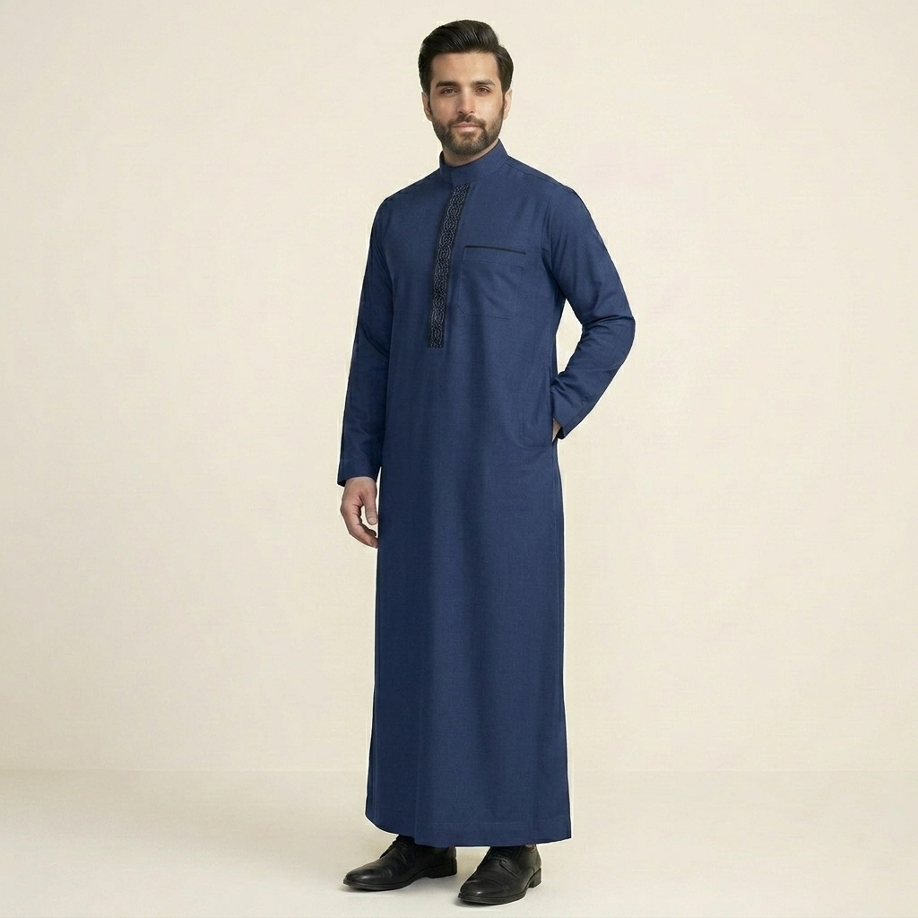 Navy Blue Mens Embroidered Thobe