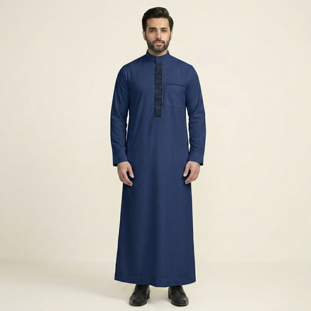 Navy Blue Mens Embroidered Thobe