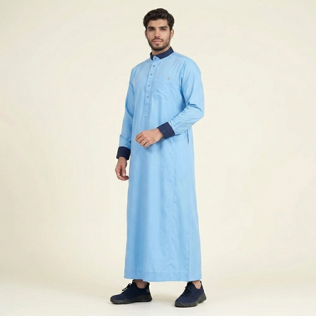 Navy Contrast Collar & Cuffs Sky Blue Thobes
