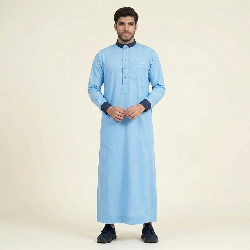 Navy Contrast Collar & Cuffs Sky Blue Thobes