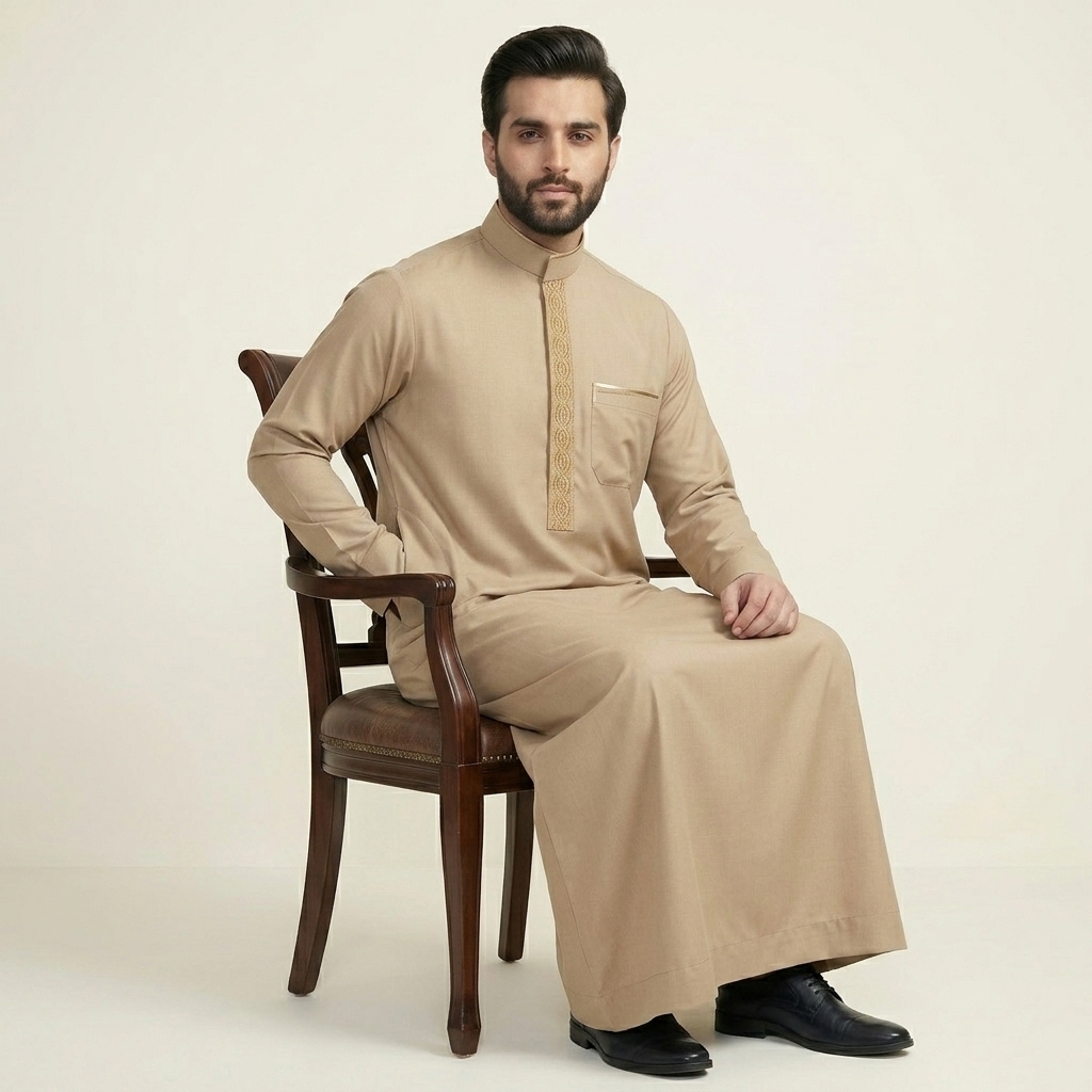 Premium Beige Embroidered Thobe for Men (2) Premium Beige Embroidered Thobe for Men