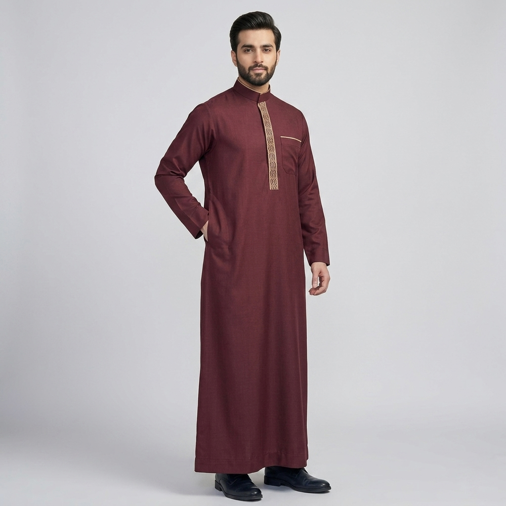 Premium Embroidered Mens Maroon Thobes