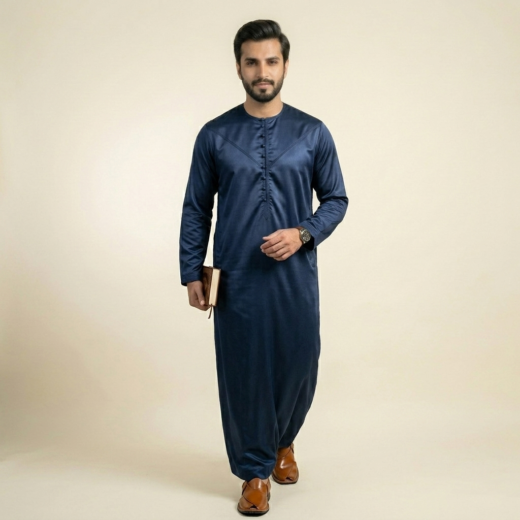 Premium Indigo Blue Omani Style Silk Thobes for Men