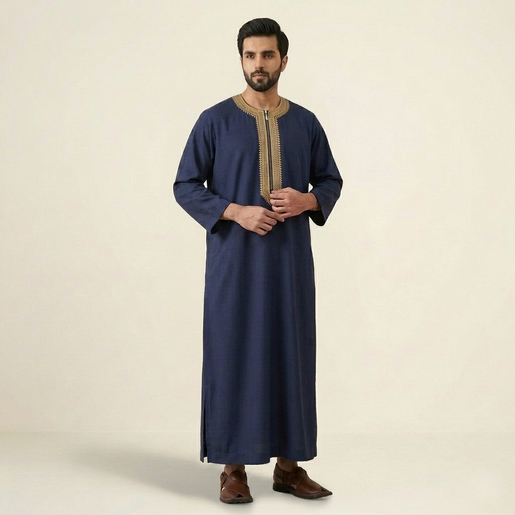 Premium Navy Blue Mens Moroccan Emobroidered Thobes
