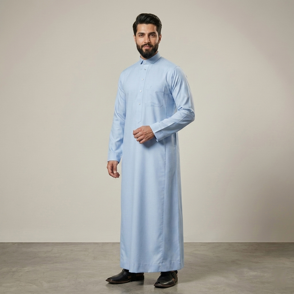 Premium Sky-Blue Arabic Mens Cashmere Wool Thobe