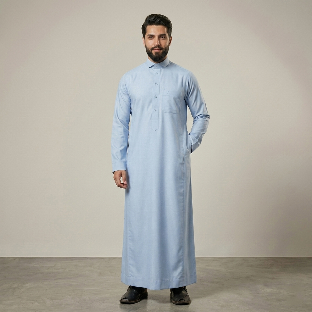 Premium Sky-Blue Arabic Mens Cashmere Wool Thobe