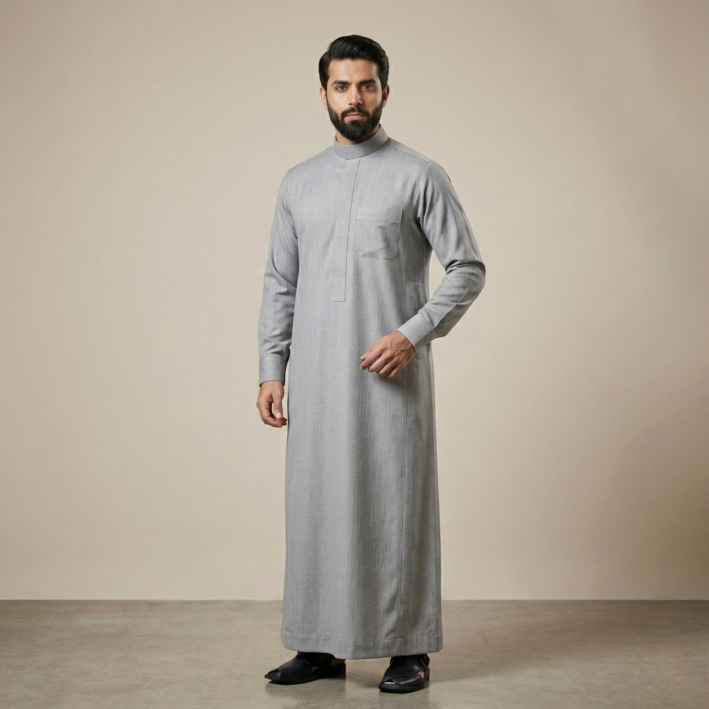 Premium Textured Light Grey Mens Cashmere Wool Thobe