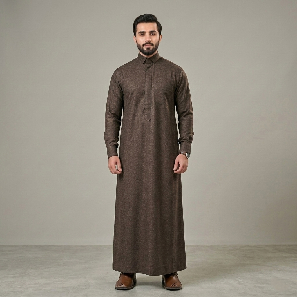 Stylish Bark Brown Mens Cashmere Wool Thobe