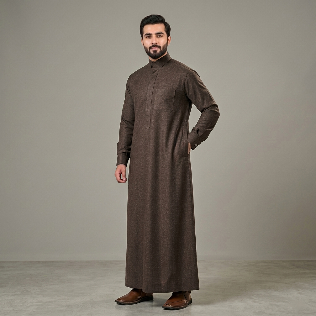 Stylish Bark Brown Mens Cashmere Wool Thobe