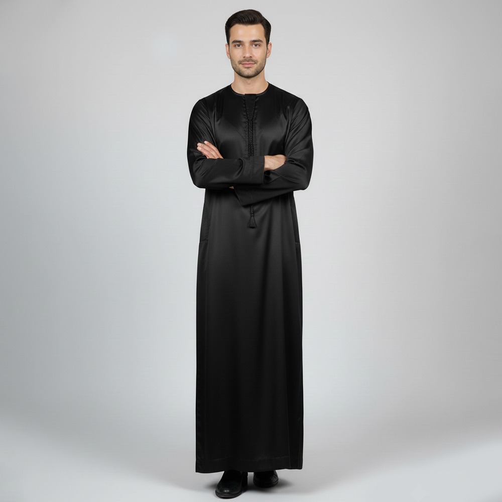 Traditional Black Emirati Style Mens Silk Thobe